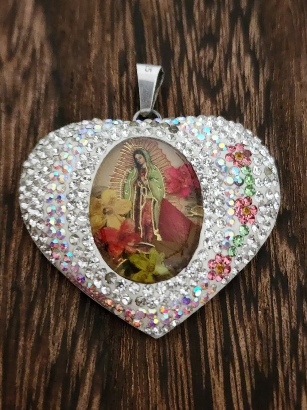 Sterling 925 Lady of Guadalupe Pendant Mexico Chain Italy Heart Shaped